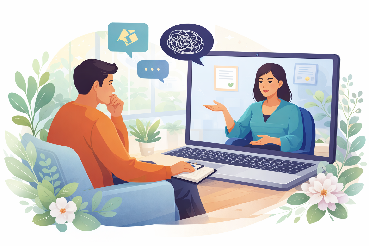 Illustration representing guided therapist online services in India
